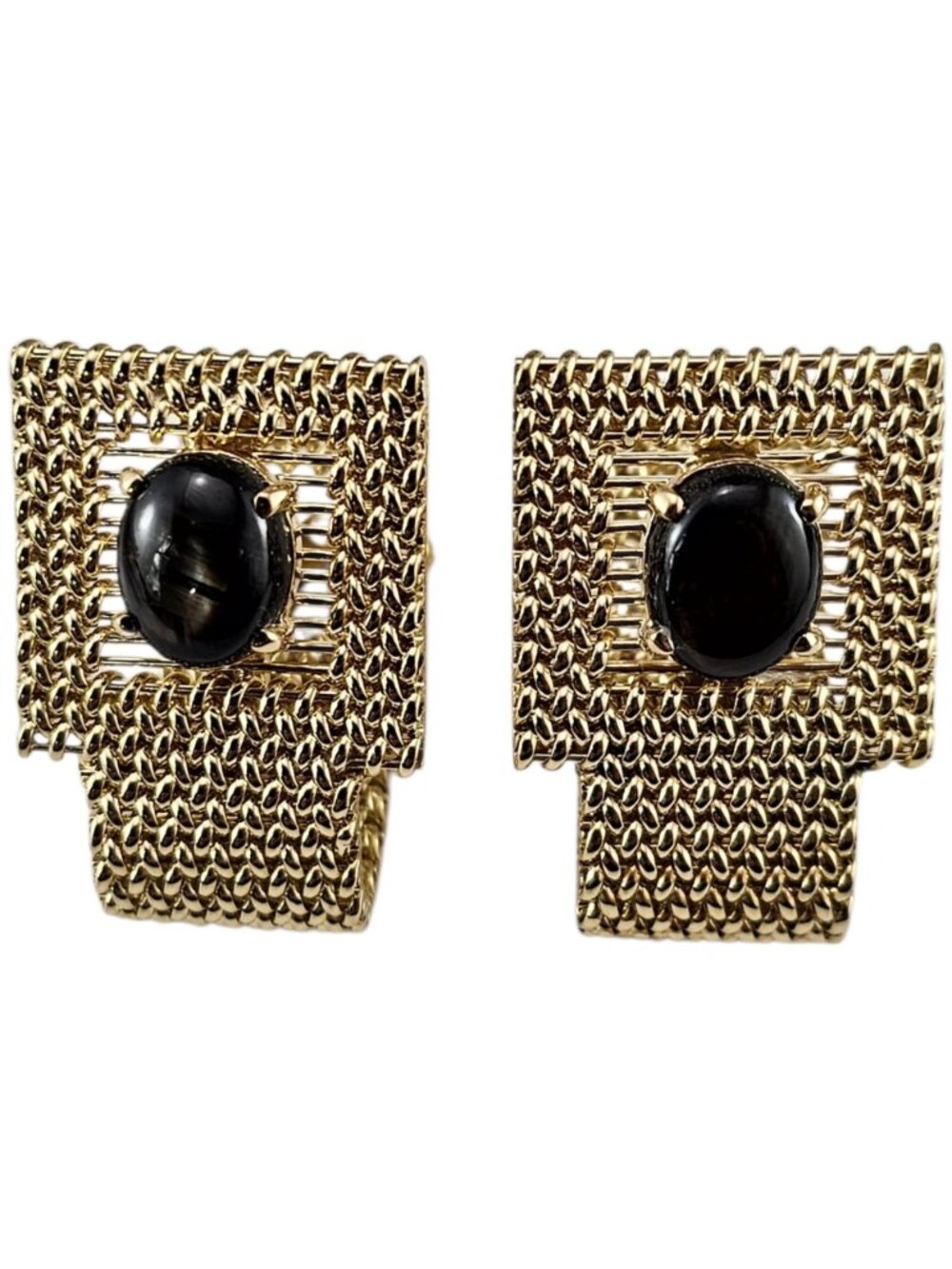 14K Yellow Gold Basketweave and Black Cabochon Stone Cufflinks #25199